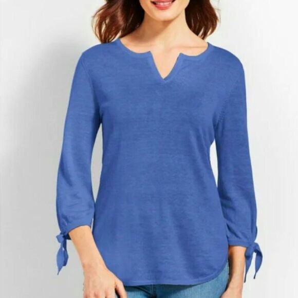 Talbots Blue 100% Linen Knit Tie Sleeve Notched V Neck 3/4 Sleeve Top Size Large - Picture 1 of 9